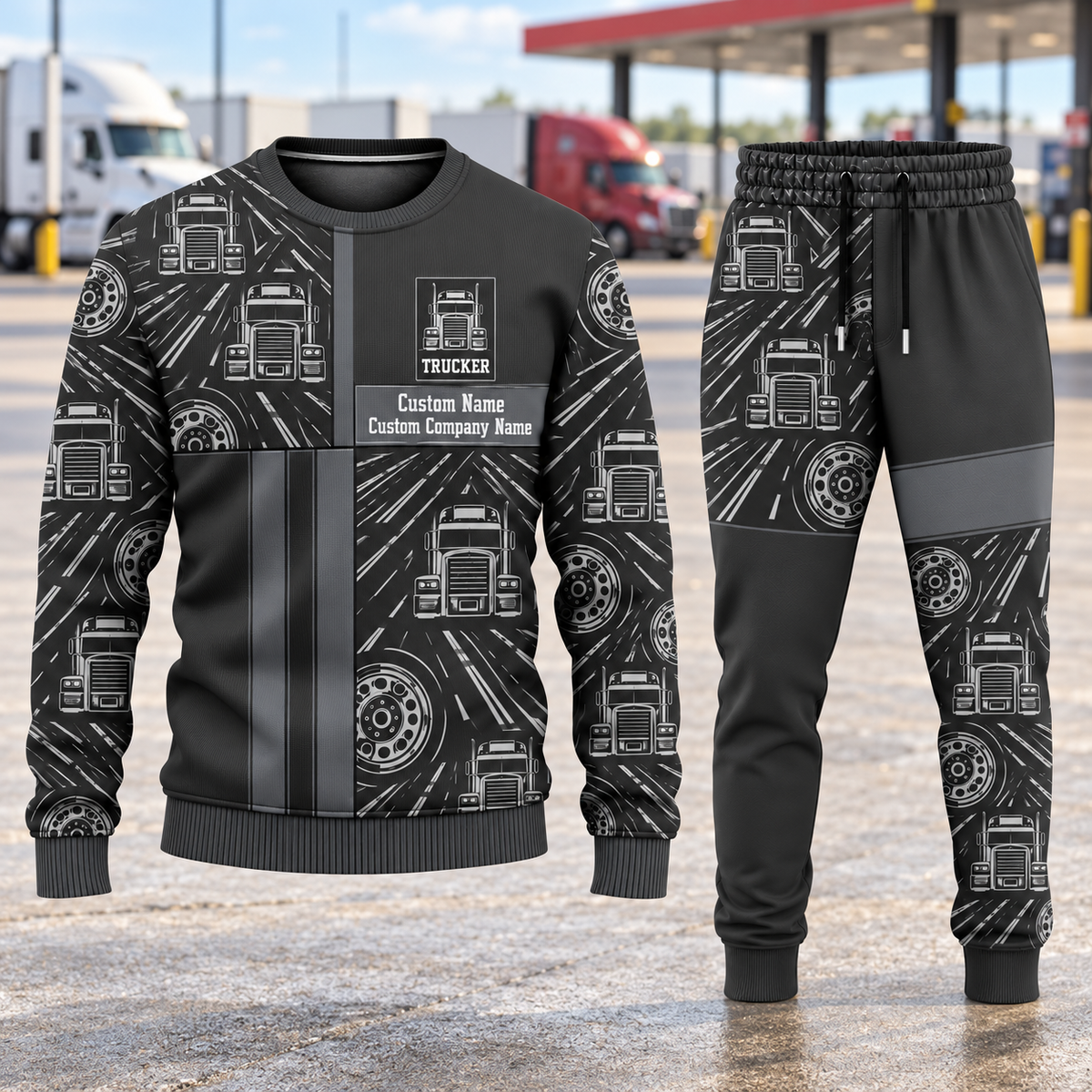 Trucker Geometric Panel sweater and jogger combo, hero view with name and company artwork