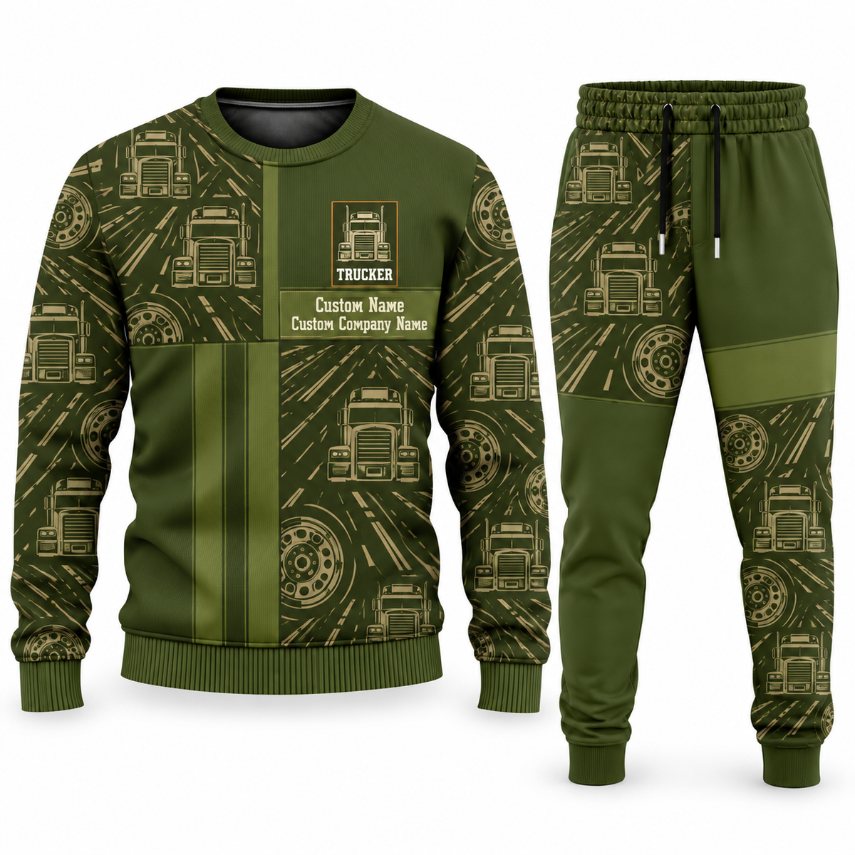 Trucker Geometric Panel sweater and jogger combo, olive view with name and company artwork