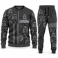 Trucker Geometric Panel sweater and jogger combo, charcoal view with name and company artwork