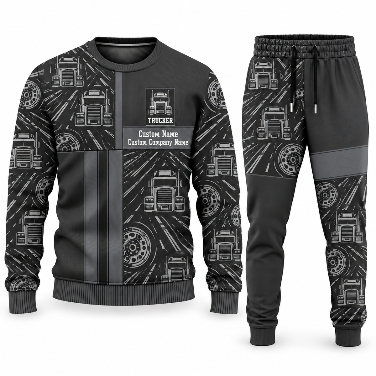 Trucker Geometric Panel sweater and jogger combo, charcoal view with name and company artwork