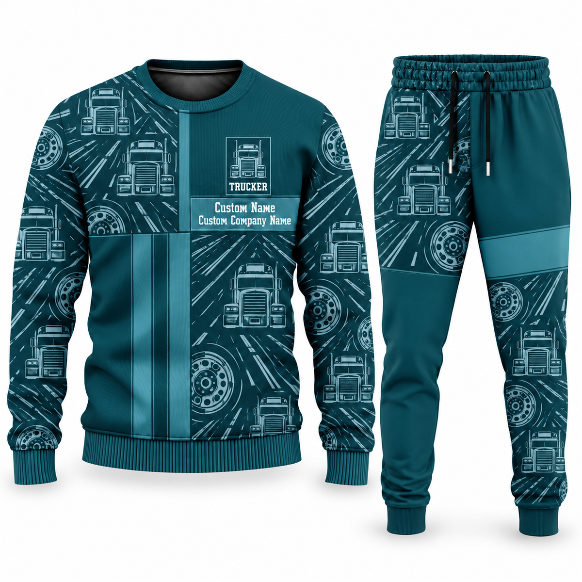 Trucker Geometric Panel sweater and jogger combo, teal view with name and company artwork