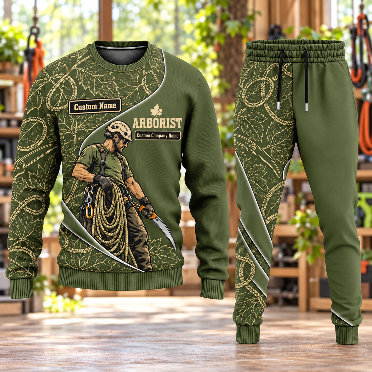 Arborist Curved Panel sweater and jogger combo, hero view with name and company artwork