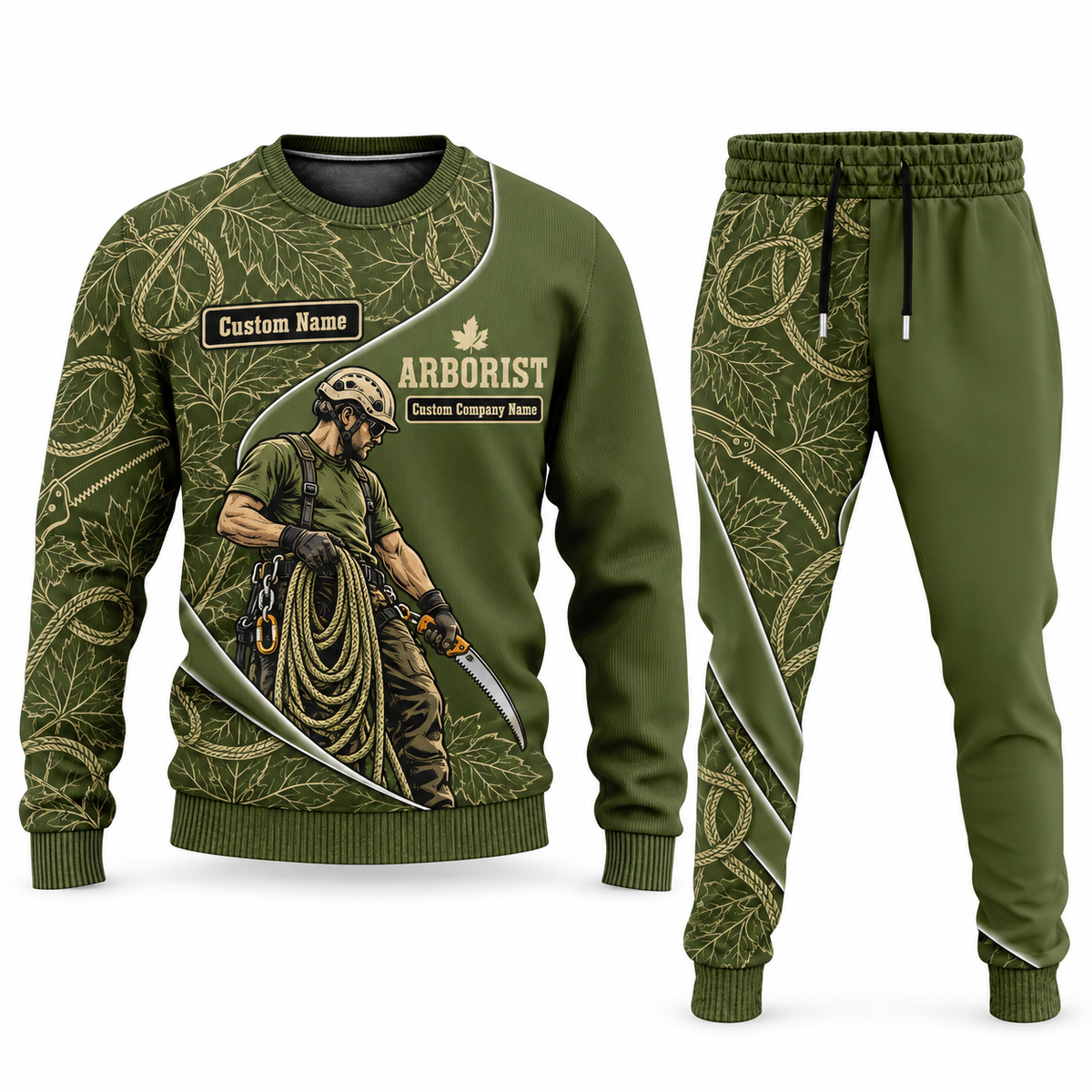 Arborist Curved Panel sweater and jogger combo, olive view with name and company artwork
