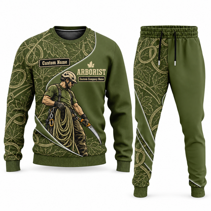 Arborist Curved Panel sweater and jogger combo, olive view with name and company artwork