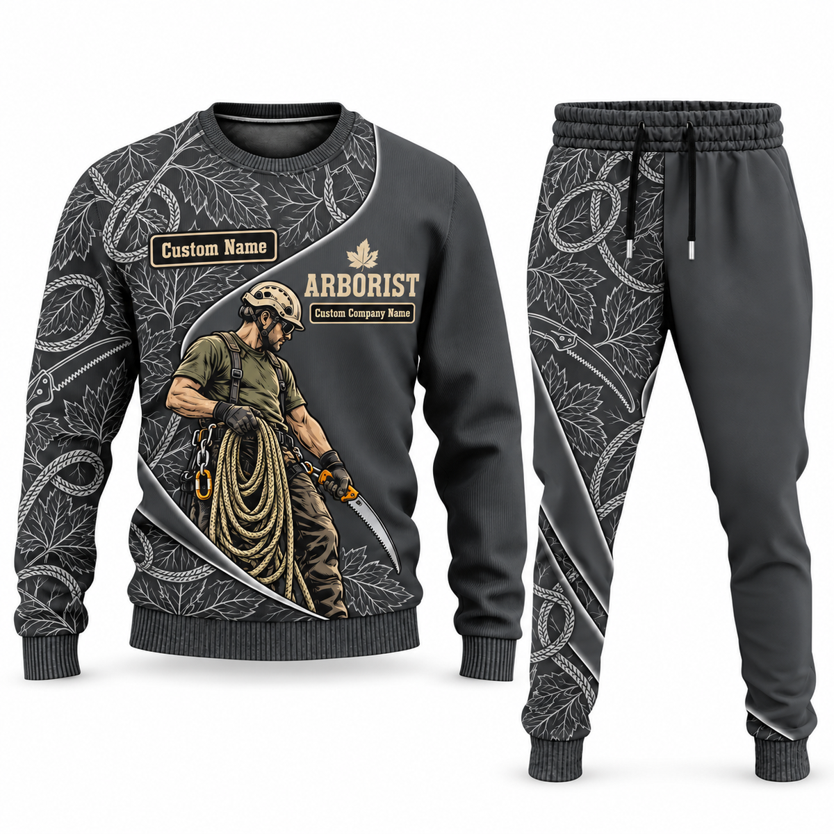 Arborist Curved Panel sweater and jogger combo, charcoal view with name and company artwork