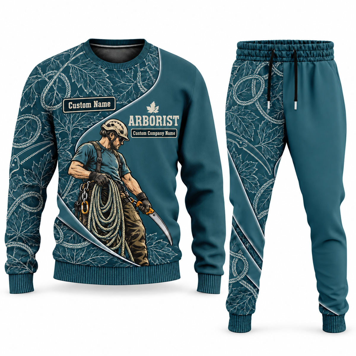 Arborist Curved Panel sweater and jogger combo, teal view with name and company artwork