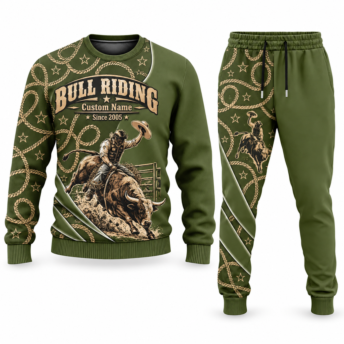 Bull Riding Curved Panel sweater and jogger combo, olive view with name and Since 2005 artwork