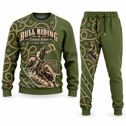Bull Riding Curved Panel sweater and jogger combo, olive view with name and Since 2005 artwork