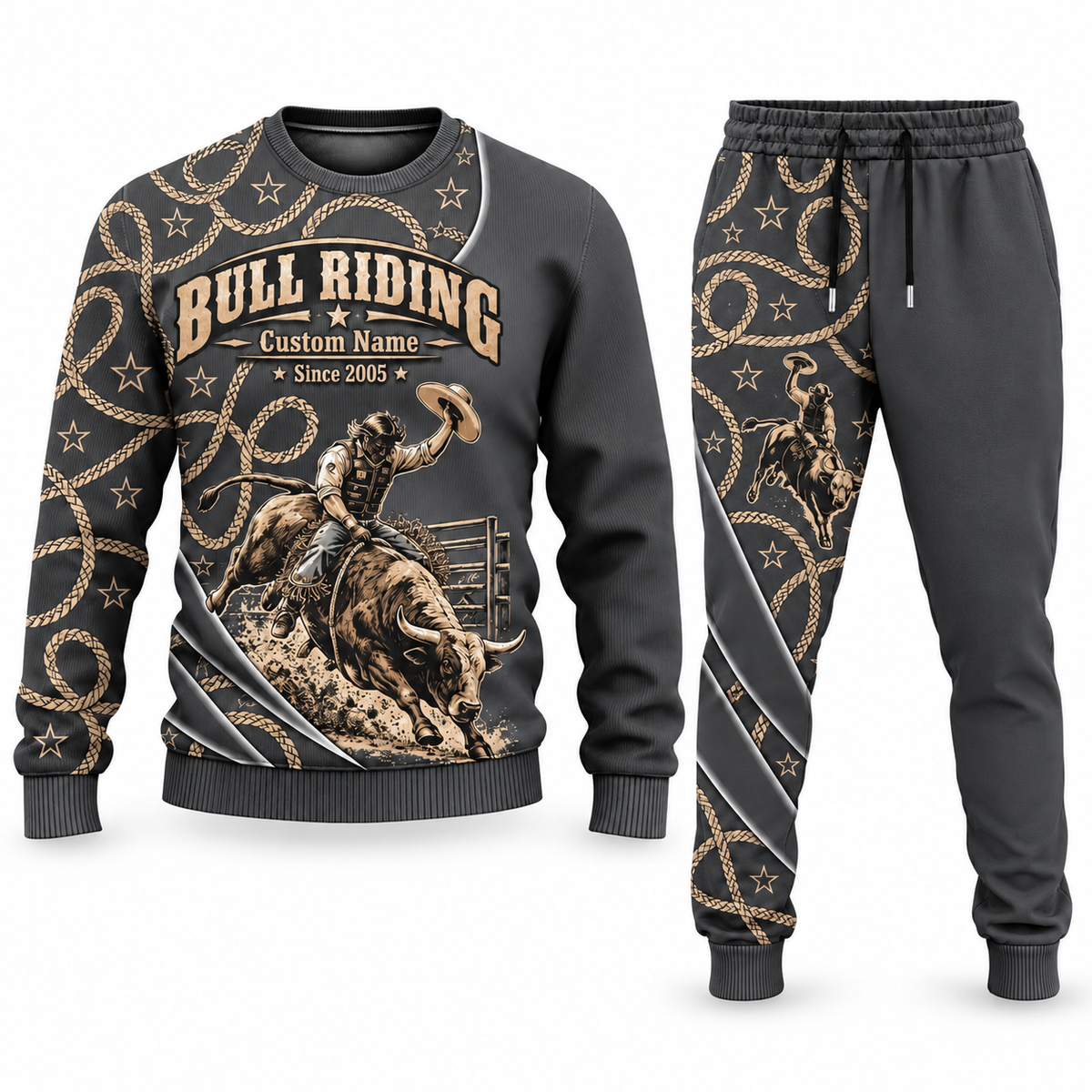 Bull Riding Curved Panel sweater and jogger combo, charcoal view with name and Since 2005 artwork