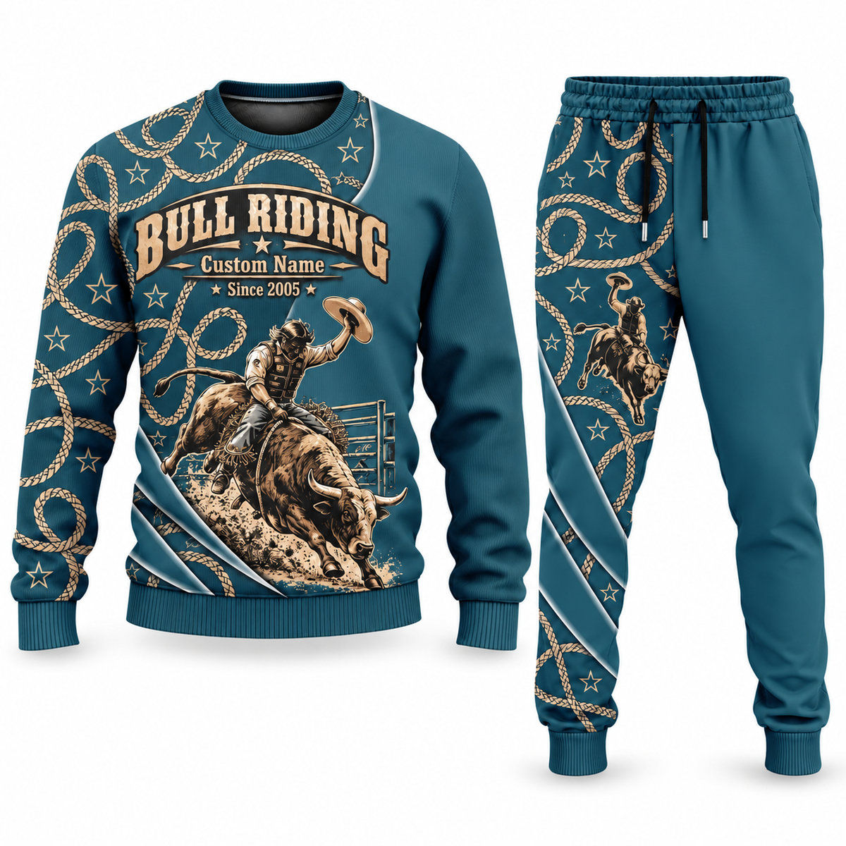Bull Riding Curved Panel sweater and jogger combo, teal view with name and Since 2005 artwork