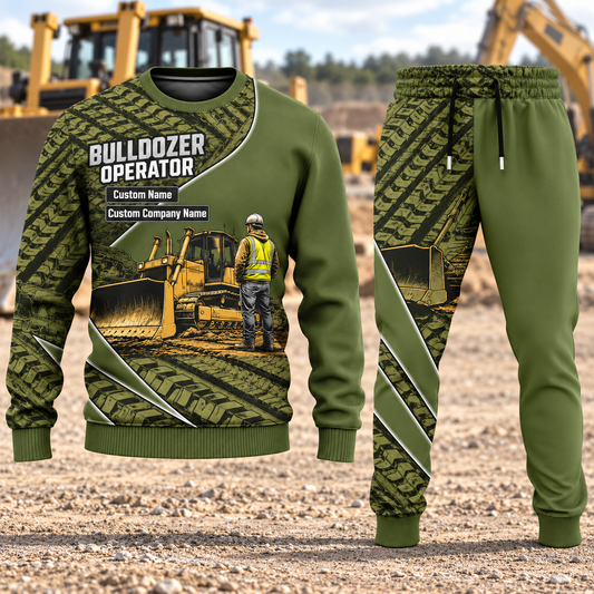 Bulldozer Operator Curved Panel sweater and jogger combo, hero view with name and company artwork