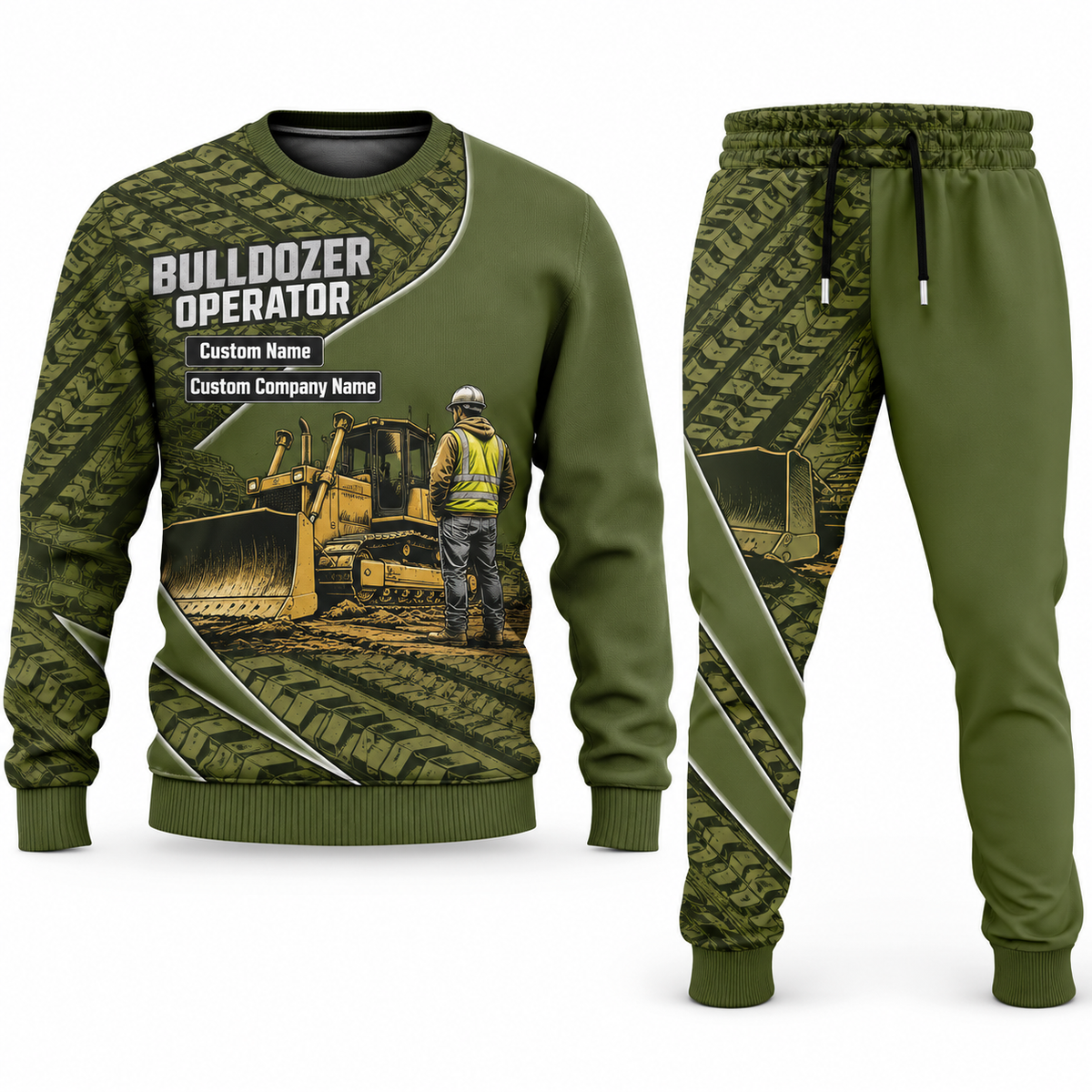 Bulldozer Operator Curved Panel sweater and jogger combo, olive view with name and company artwork