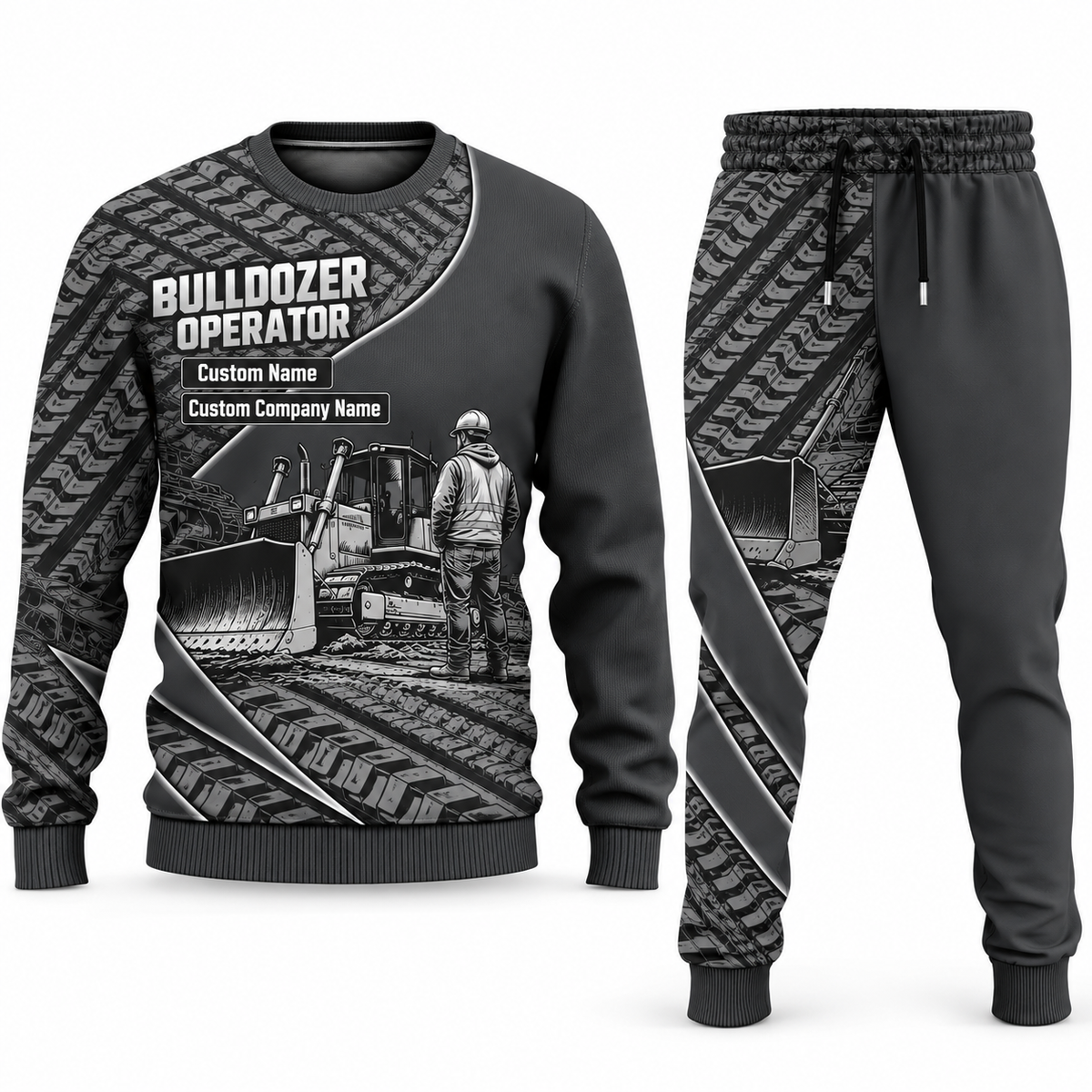 Bulldozer Operator Curved Panel sweater and jogger combo, charcoal view with name and company artwork