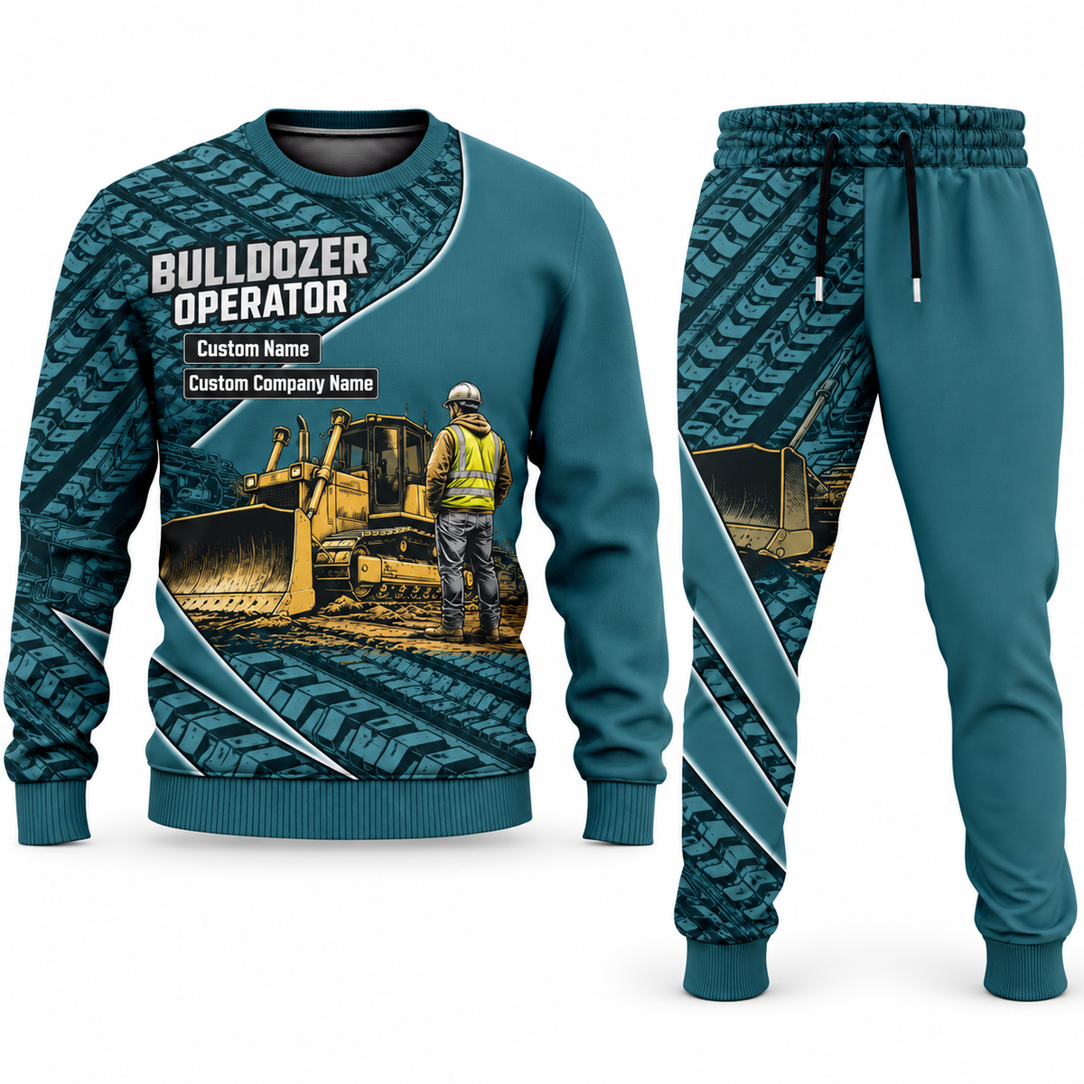 Bulldozer Operator Curved Panel sweater and jogger combo, teal view with name and company artwork