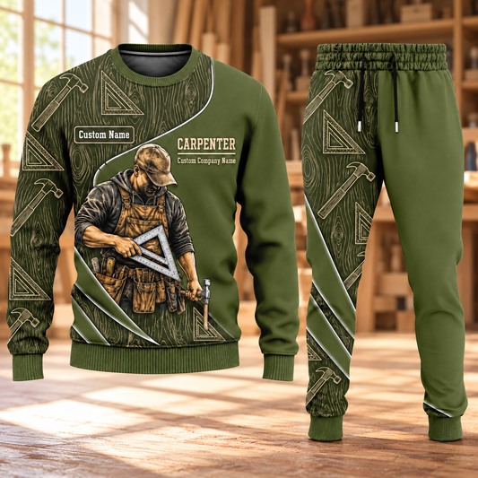 Carpenter Curved Panel sweater and jogger combo, hero view with name and company artwork