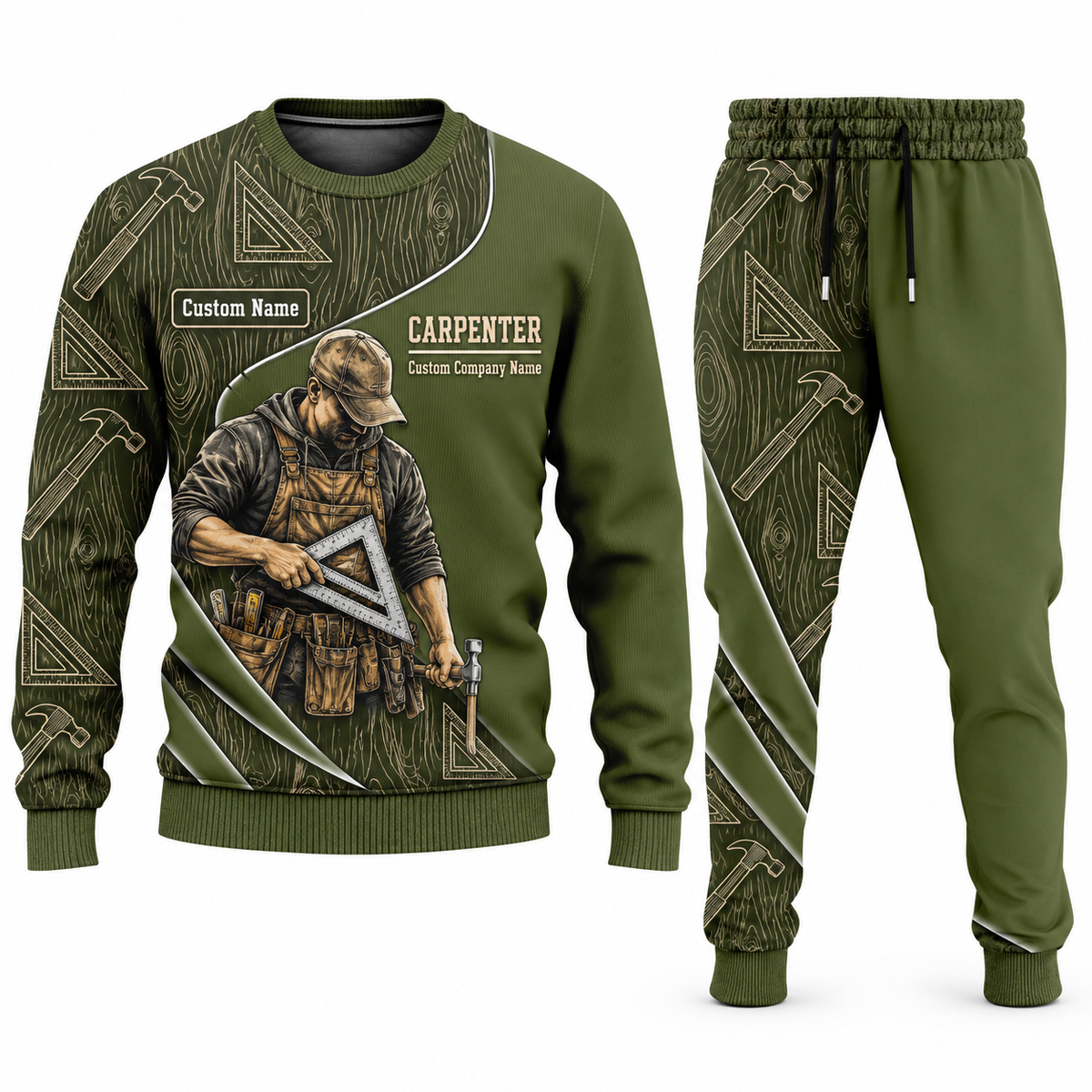 Carpenter Curved Panel sweater and jogger combo, olive view with name and company artwork