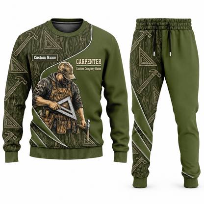 Carpenter Curved Panel sweater and jogger combo, olive view with name and company artwork