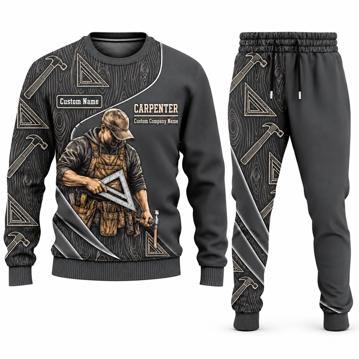 Carpenter Curved Panel sweater and jogger combo, charcoal view with name and company artwork