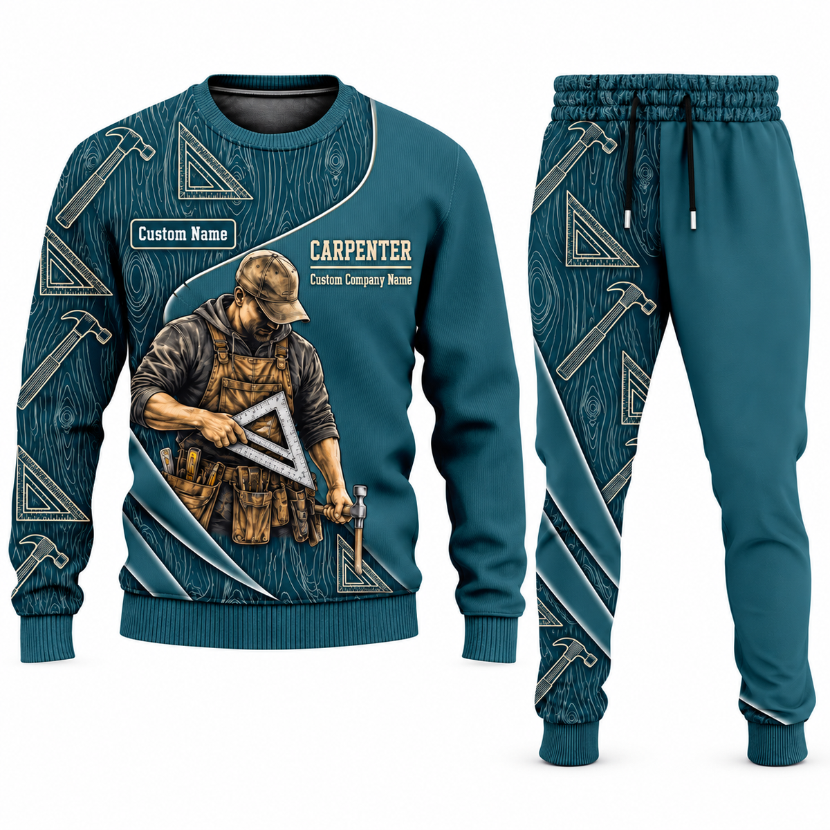 Carpenter Curved Panel sweater and jogger combo, teal view with name and company artwork