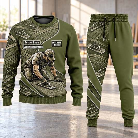 Concrete Finisher Curved Panel sweater and jogger combo, hero view with name and company artwork