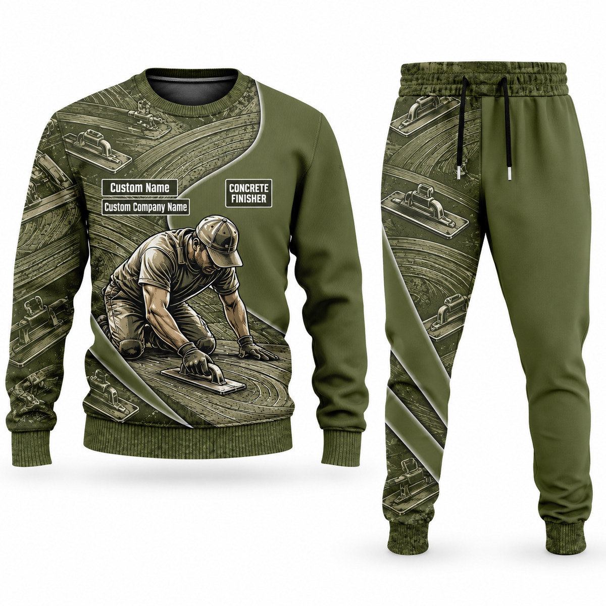 Concrete Finisher Curved Panel sweater and jogger combo, olive view with name and company artwork