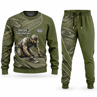 Concrete Finisher Curved Panel sweater and jogger combo, olive view with name and company artwork