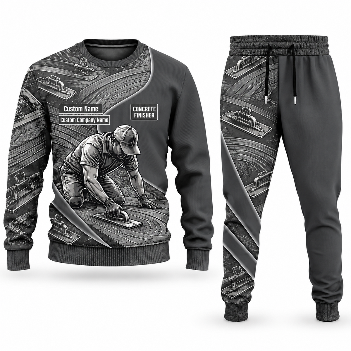 Concrete Finisher Curved Panel sweater and jogger combo, charcoal view with name and company artwork