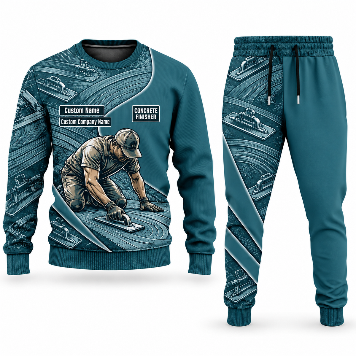 Concrete Finisher Curved Panel sweater and jogger combo, teal view with name and company artwork