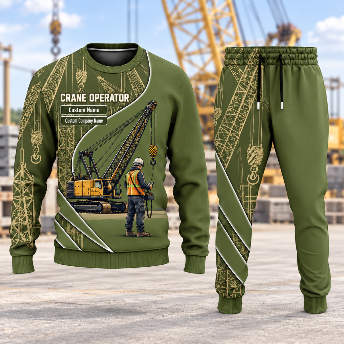 Crane Operator Curved Panel sweater and jogger combo, hero view with name and company artwork