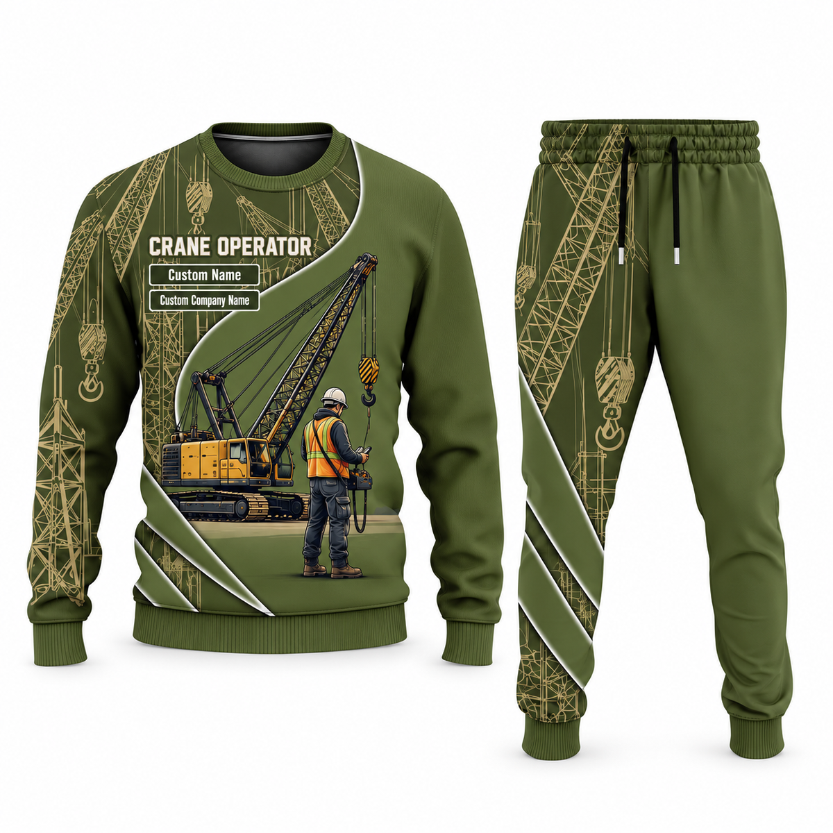 Crane Operator Curved Panel sweater and jogger combo, olive view with name and company artwork