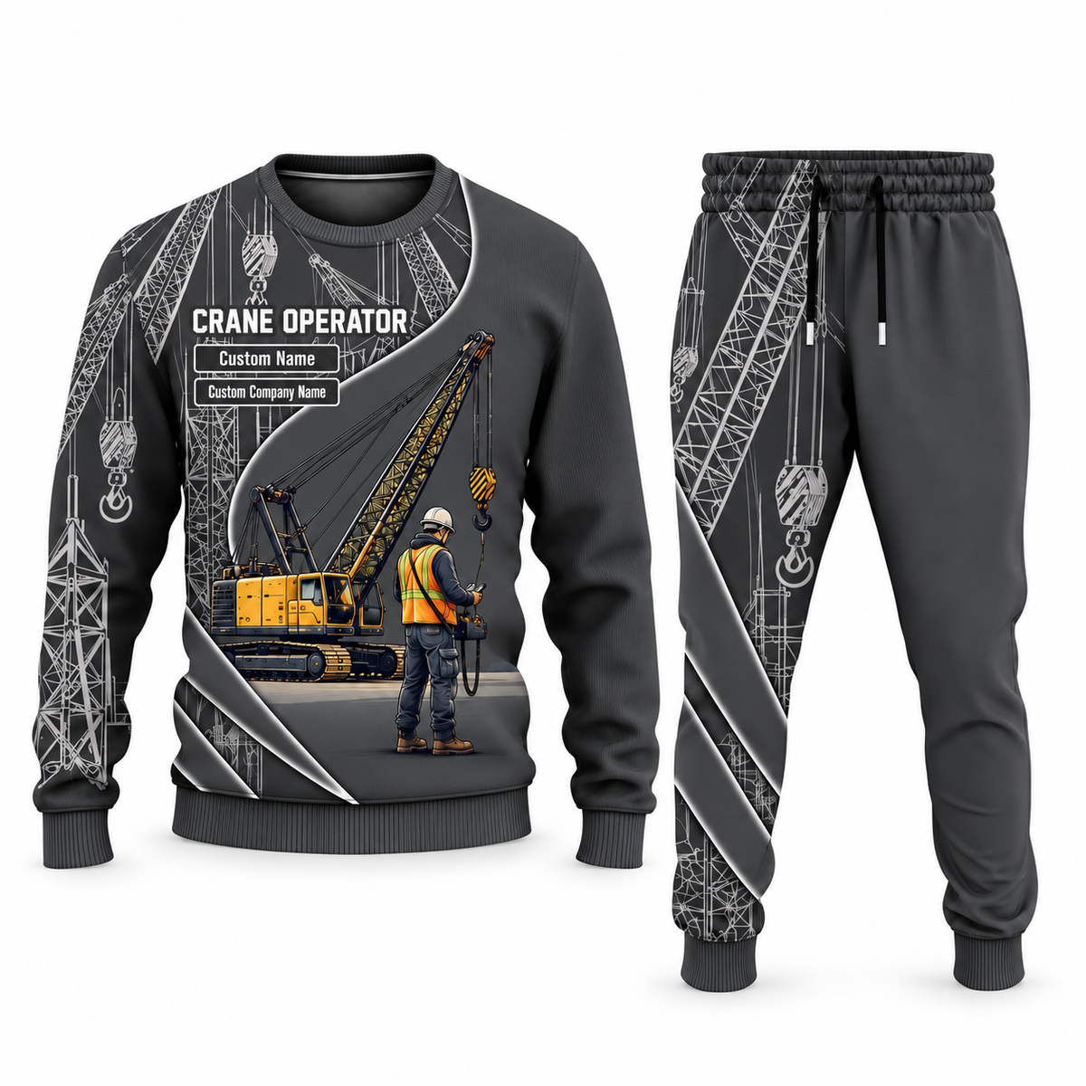 Crane Operator Curved Panel sweater and jogger combo, charcoal view with name and company artwork
