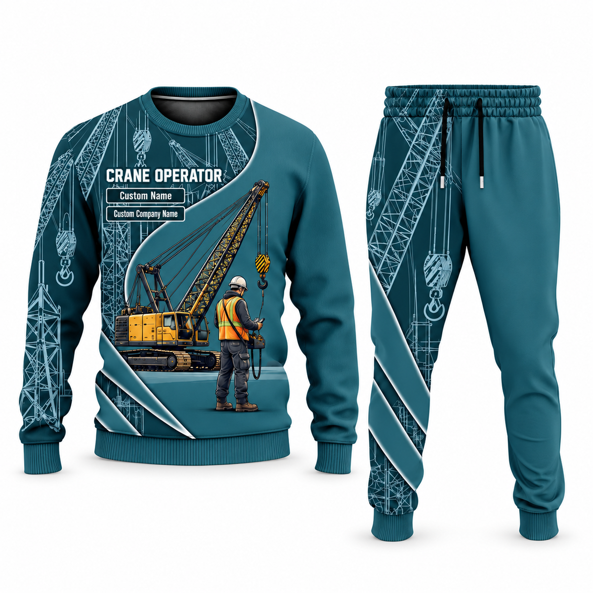 Crane Operator Curved Panel sweater and jogger combo, teal view with name and company artwork
