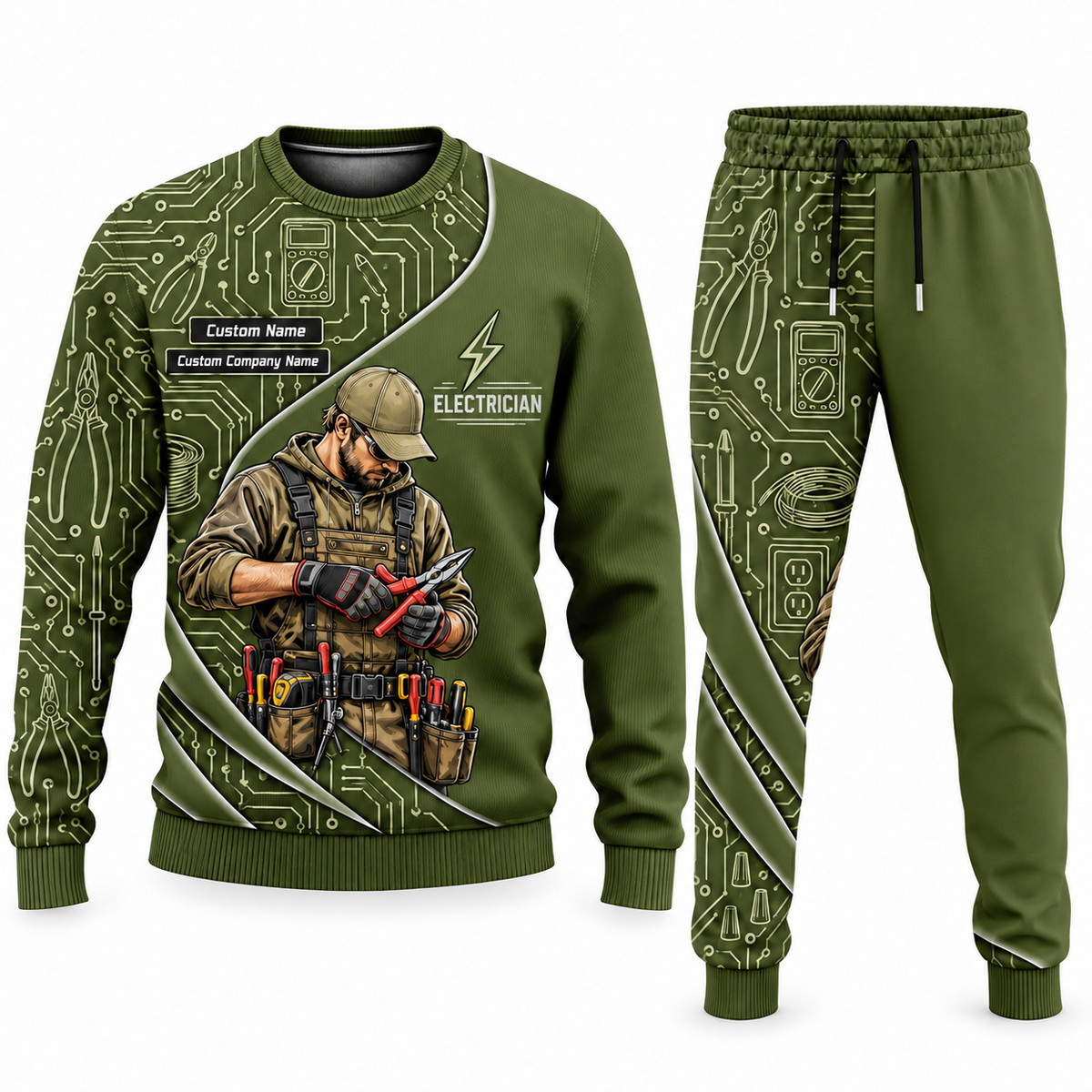 Electrician Curved Panel sweater and jogger combo, olive view with name and company artwork