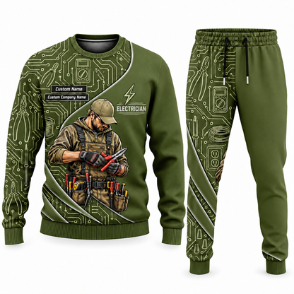 Electrician Curved Panel sweater and jogger combo, olive view with name and company artwork