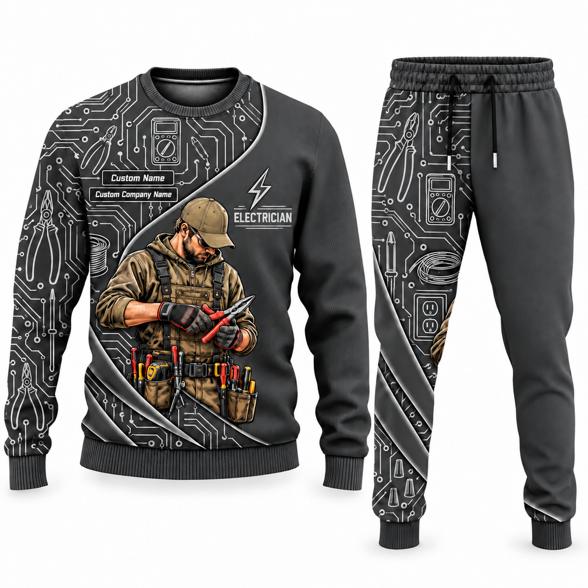 Electrician Curved Panel sweater and jogger combo, charcoal view with name and company artwork