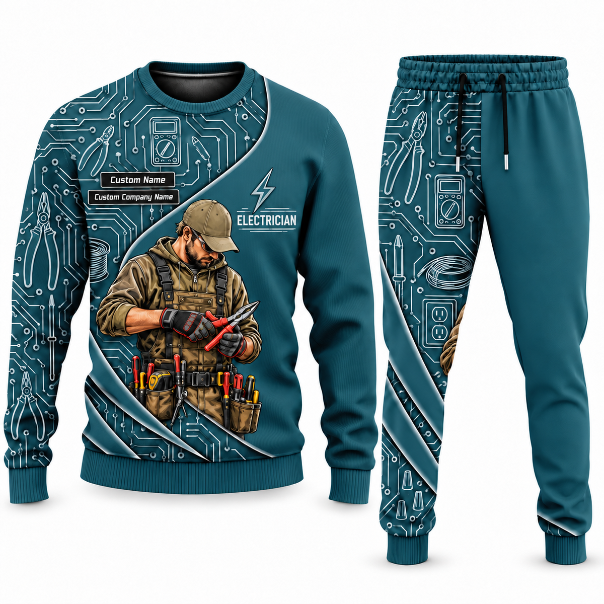 Electrician Curved Panel sweater and jogger combo, teal view with name and company artwork