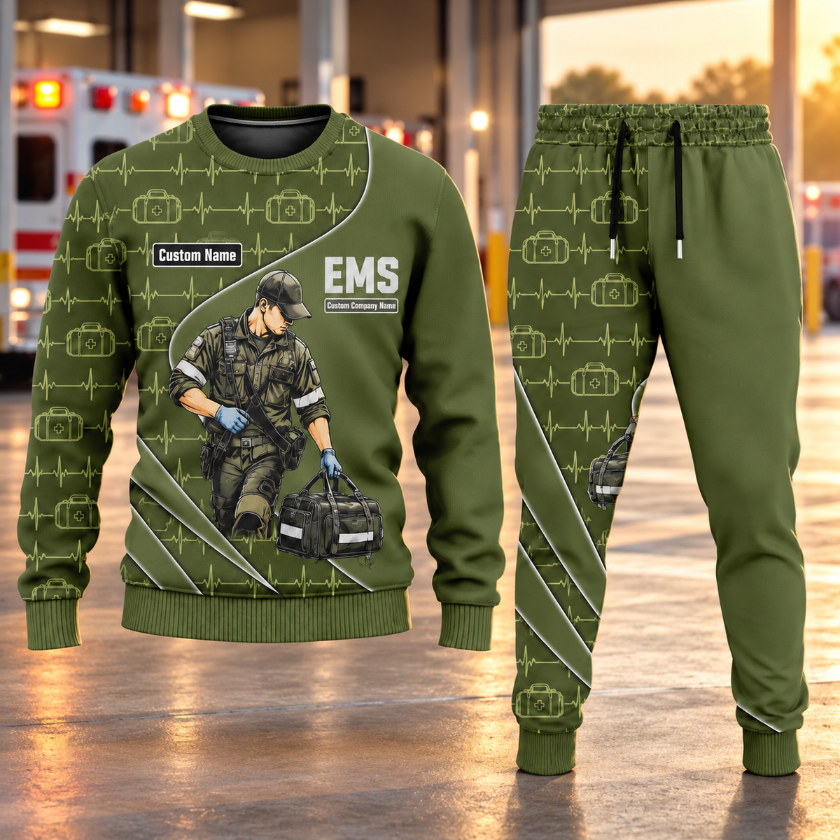 EMS Curved Panel sweater and jogger combo, hero view with name and company artwork