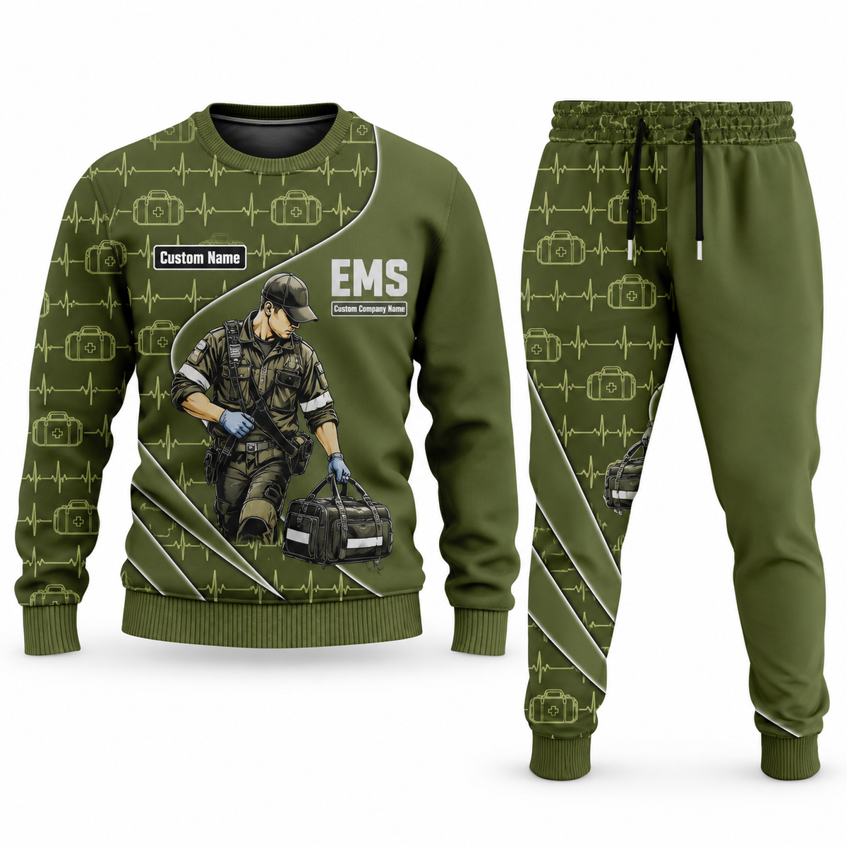 EMS Curved Panel sweater and jogger combo, olive view with name and company artwork