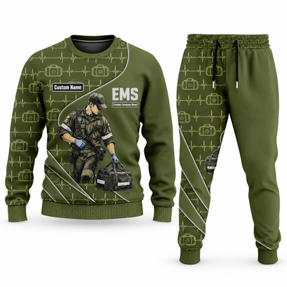 EMS Curved Panel sweater and jogger combo, olive view with name and company artwork