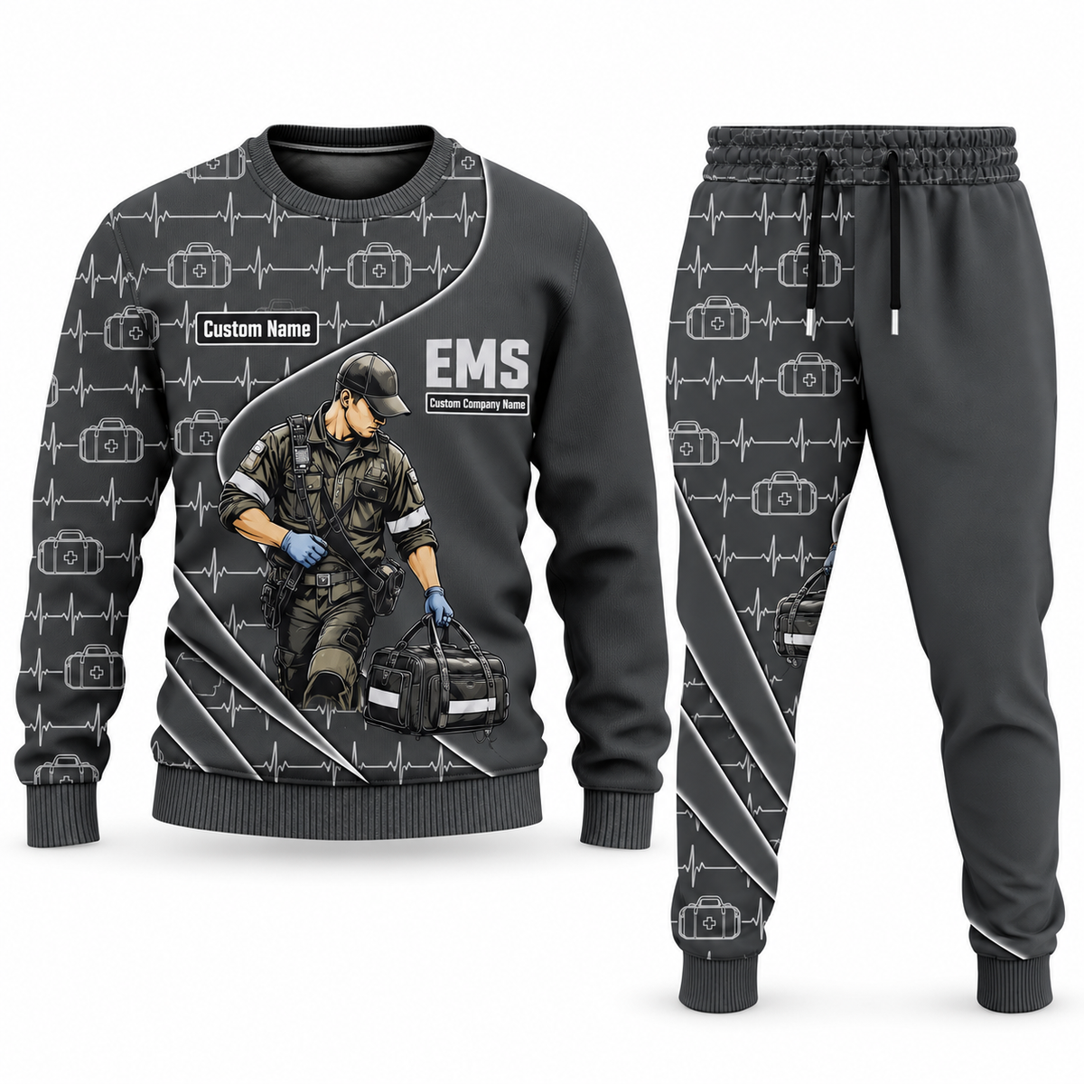 EMS Curved Panel sweater and jogger combo, charcoal view with name and company artwork