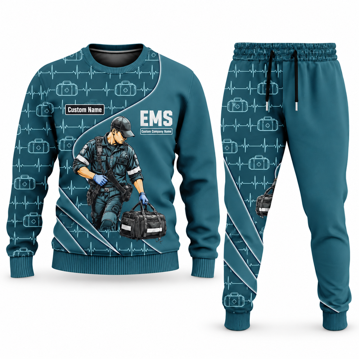 EMS Curved Panel sweater and jogger combo, teal view with name and company artwork