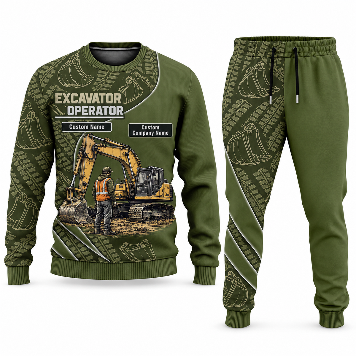 Excavator Operator Curved Panel sweater and jogger combo, olive view with name and company artwork
