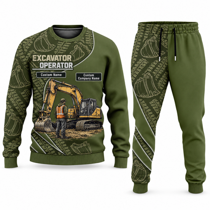 Excavator Operator Curved Panel sweater and jogger combo, olive view with name and company artwork