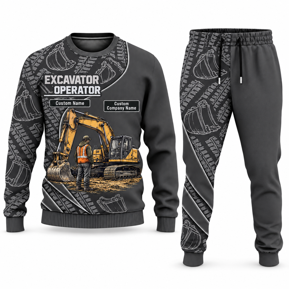 Excavator Operator Curved Panel sweater and jogger combo, charcoal view with name and company artwork