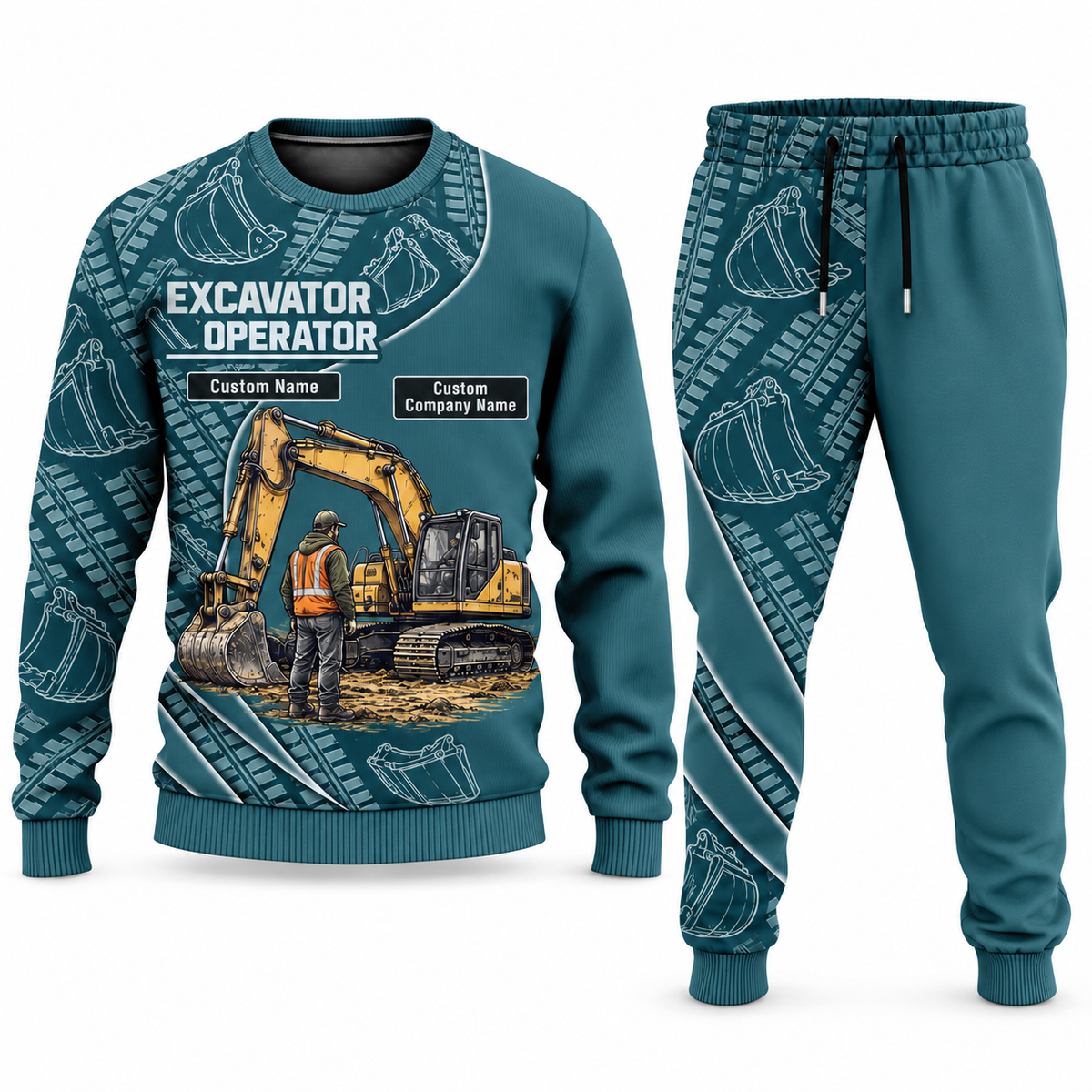Excavator Operator Curved Panel sweater and jogger combo, teal view with name and company artwork