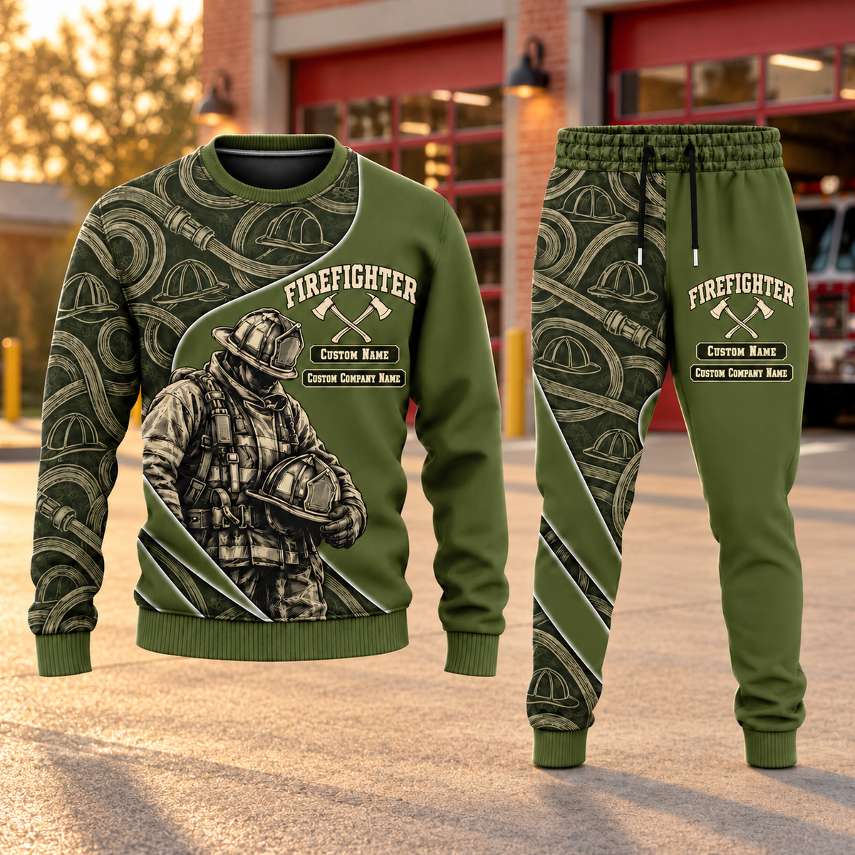 Firefighter Curved Panel sweater and jogger combo, hero view with name and company artwork