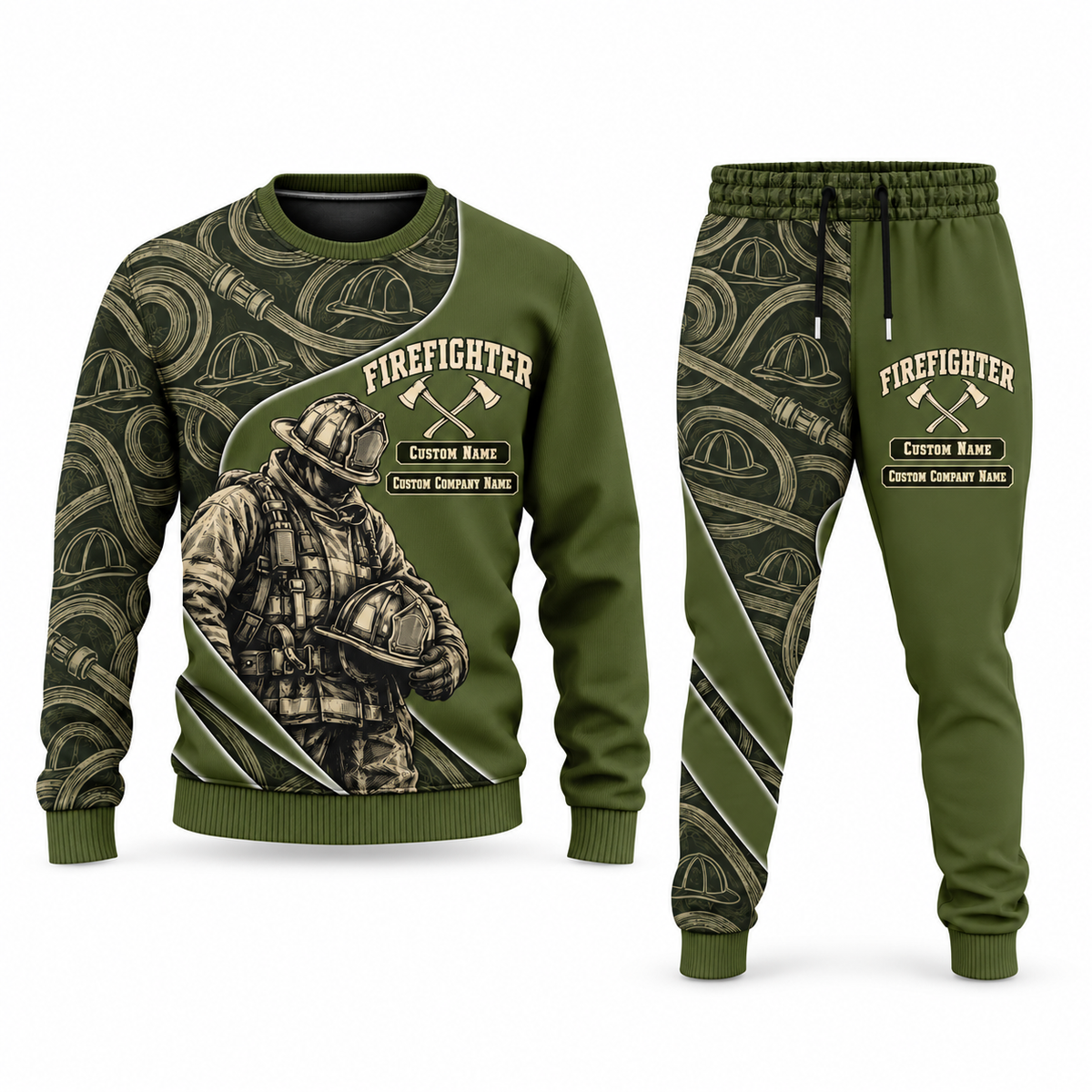 Firefighter Curved Panel sweater and jogger combo, olive view with name and company artwork