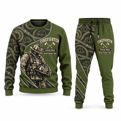 Firefighter Curved Panel sweater and jogger combo, olive view with name and company artwork