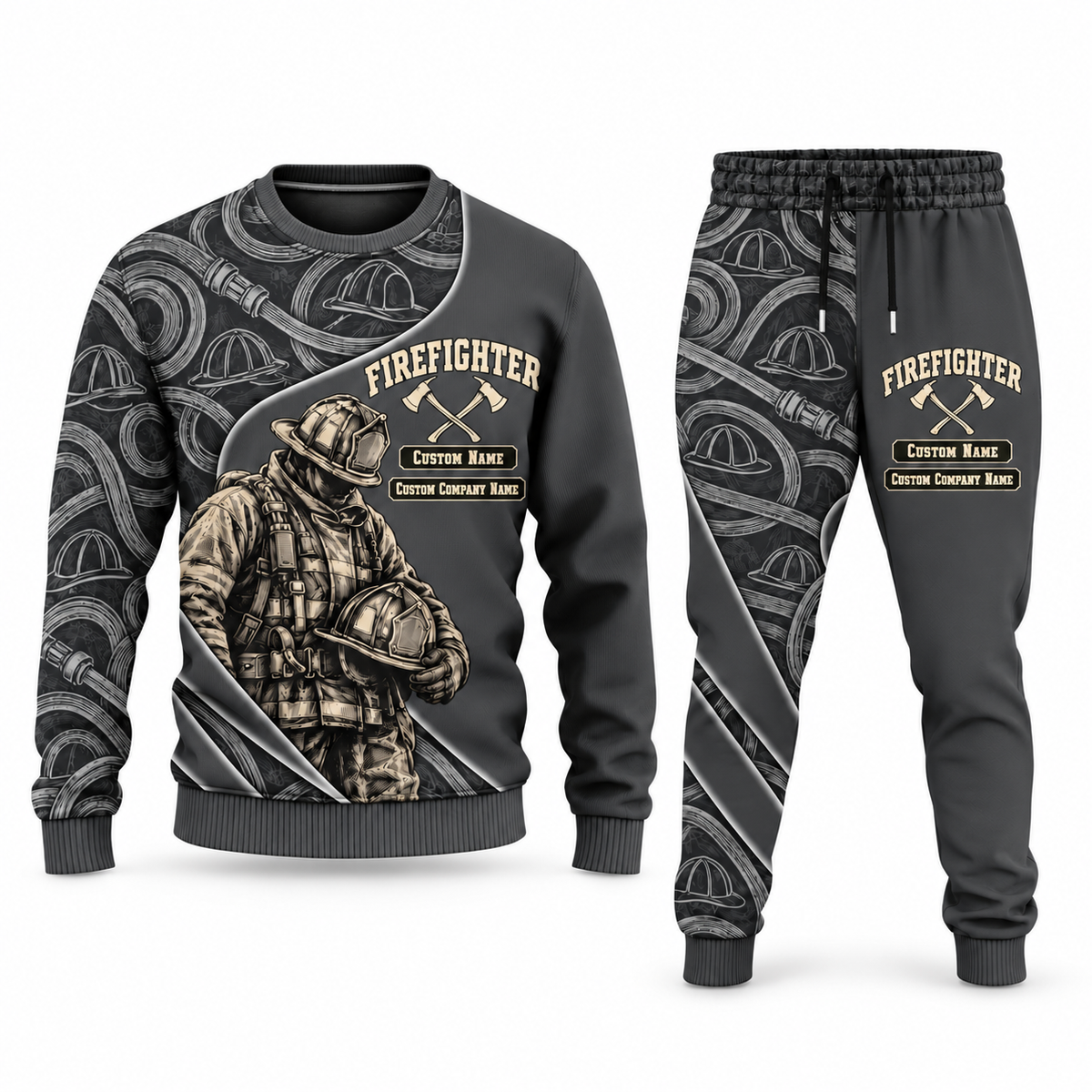 Firefighter Curved Panel sweater and jogger combo, charcoal view with name and company artwork