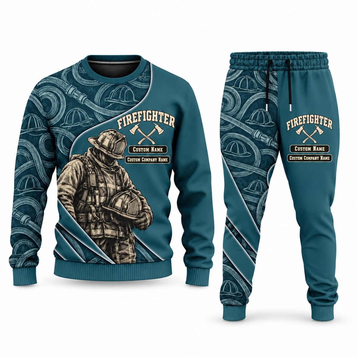 Firefighter Curved Panel sweater and jogger combo, teal view with name and company artwork